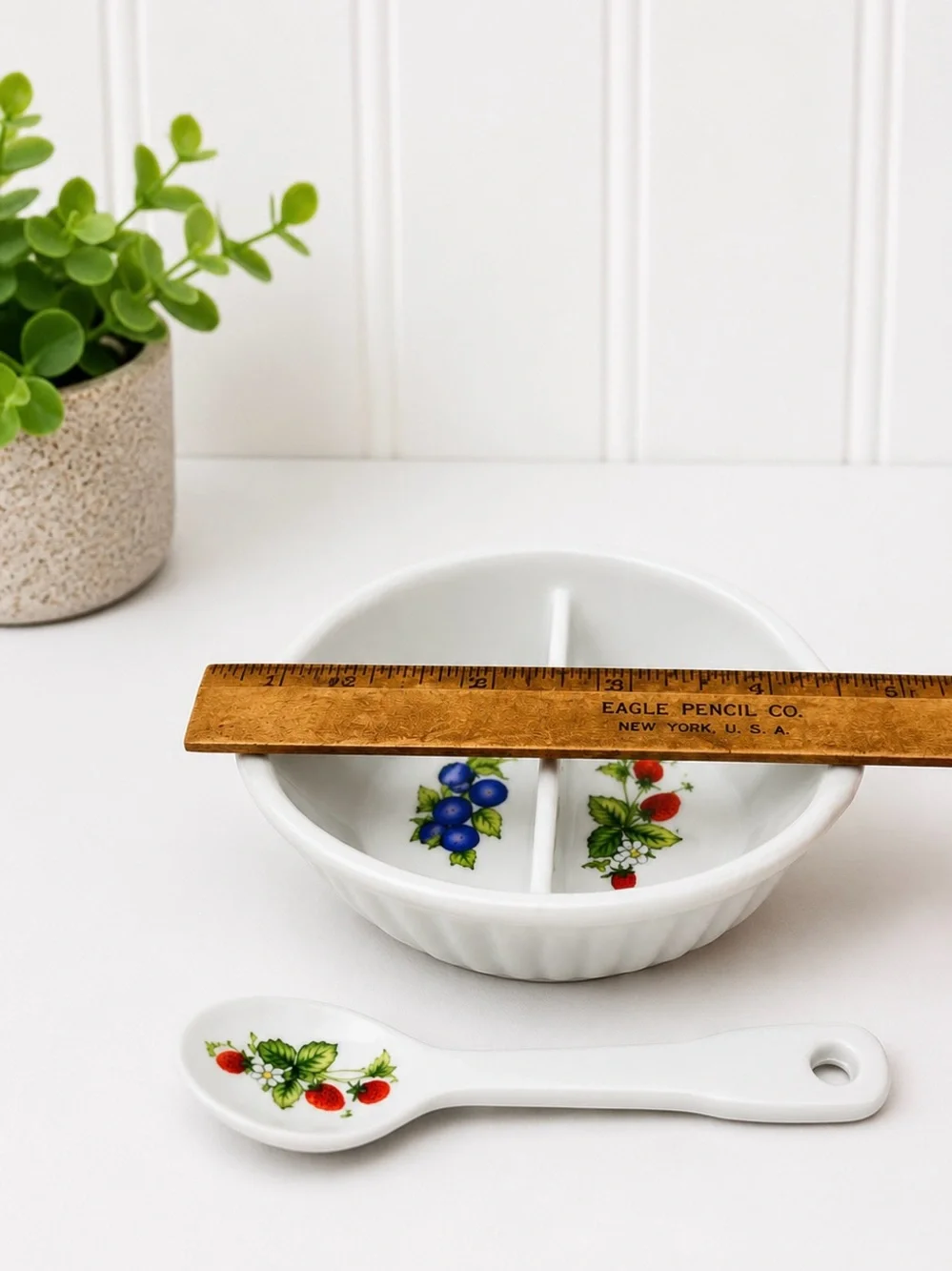 Vintage Made in Japan Porcelain Divided Berry Bowl & Spoon Hand Painted Fruit